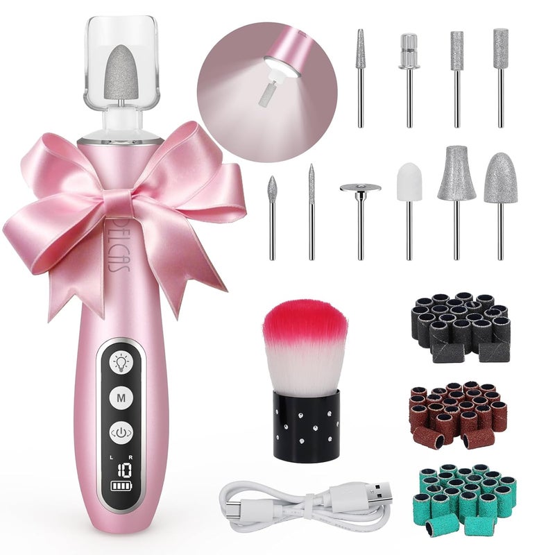 PELCAS Electric Nail File, 10 Speeds Cordless Nail Drill Kit with LED Light, Professional Nail Grinder with LCD Screen Portable e File for Human, Pet, Thick Toenails, Natural & Acrylic Nails Pink - Image 1
